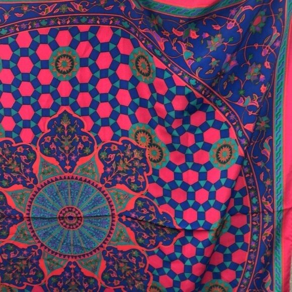 Large Silk Scarf Pink Blue Geometric Medallion Print Square Shawl Wrap - Picture 4 of 7